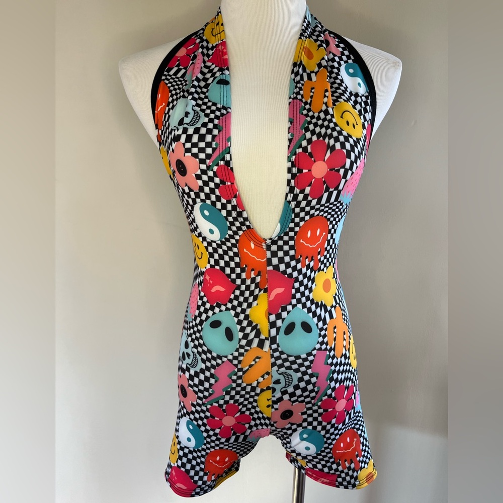 Colorful Graphic Backless Bodysuit Romper